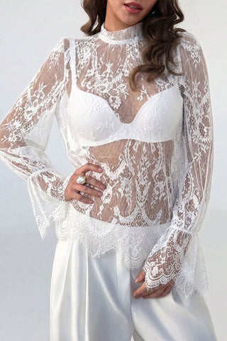 Sheer Floral Lace Mock Neck Bell Sleeve Blouse