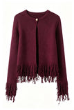 Fringe Trim Crew Neck Knit Cardigan