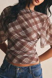 Sheer Plaid Flutter Sleeve Ruched Top