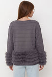 Fuzzy Cuff Boat Neck Stripe Knit Sweater