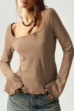 Square Neck Long Sleeve Ruffle Hem Top
