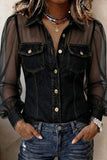 Sheer Sleeve Button-Front Denim Shirt