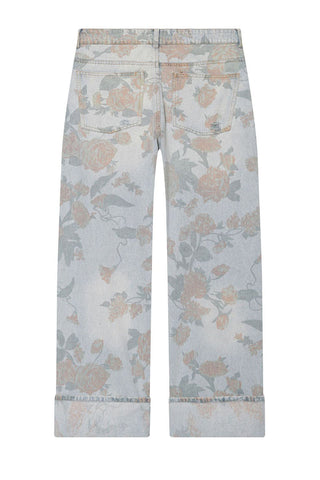Floral Print Cuffed Wide Leg Jeans