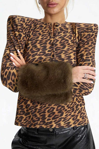 Fur Cuff Leopard Print Henley Crop Top
