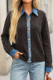 Denim Trim Button-Front Knit Cardigan