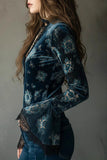 Floral Velvet Lace V-Neck Bell Sleeve Blouse