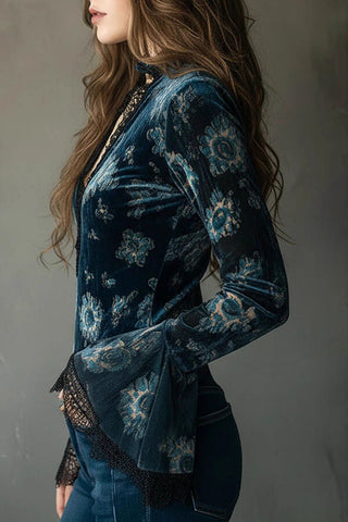 Floral Velvet Lace V-Neck Bell Sleeve Blouse