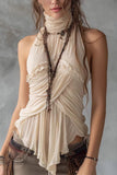 High Neck Ruffle Pleated Halter Top