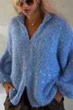 Sequin Zip-Up Fuzzy Knit Cardigan