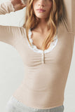 Lace Trim Ribbed Henley Long Sleeve Top