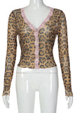 Sheer Leopard Lace Trim Button Front Top