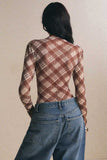 Sheer Plaid Mock Neck Long Sleeve Bodysuit