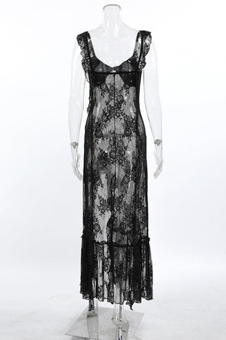 Deep V Sheer Lace Slit Dress