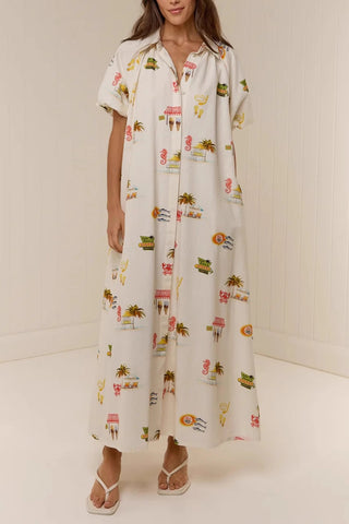 Belted Vacation Print Midi Dress