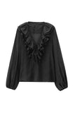 Ruffle V-Neck Puff Sleeve Blouse
