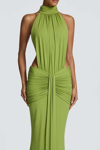 Ruched High-Neck Bodycon Maxi Dress