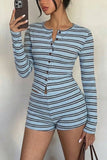 Striped Button-Front Long Sleeve Short Set