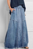 High-Waist Maxi Denim Skirt with Frayed Hem