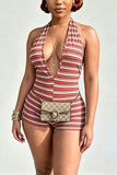 Striped Halter Deep V-Neck Romper