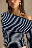 Ribbed One-Shoulder Striped Long Sleeve Top