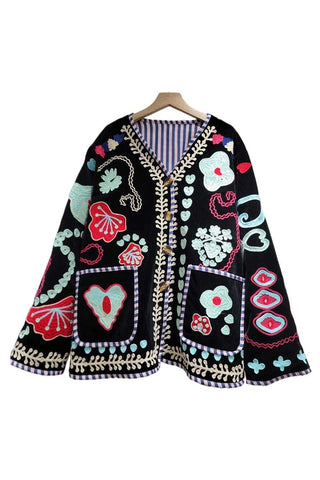 Embroidered Floral V-Neck Button-Front Coat