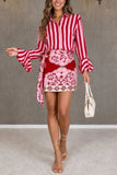 Striped Bell Sleeve Wrap Skirt Set