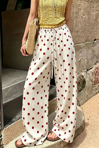 Polka Dot Drawstring Wide-Leg Casual Pants