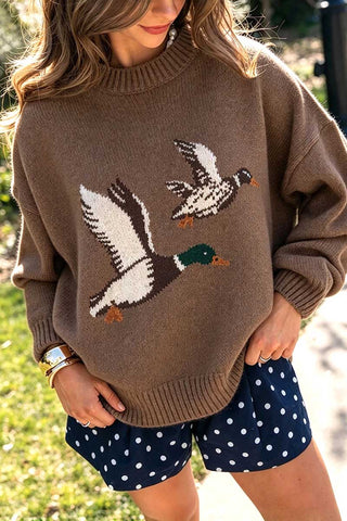 Duck Intarsia Crew Neck Knit Sweater