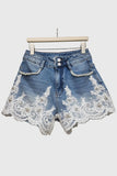 Pearl-Trim Lace Denim Shorts