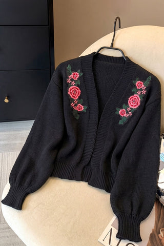 Floral Detail Ribbed Knit Cardigan