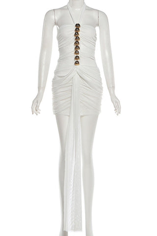 Pleated Beaded Halter Dress