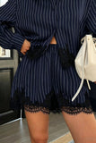 Strip Button-Front Lace Trim Short Set