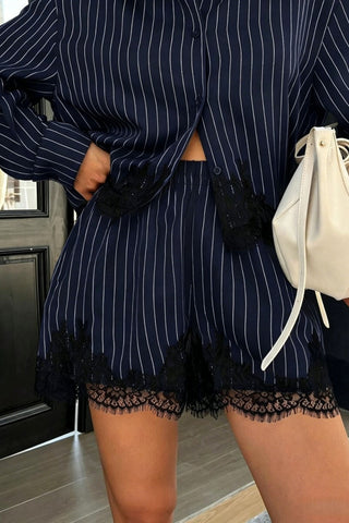 Strip Button-Front Lace Trim Short Set