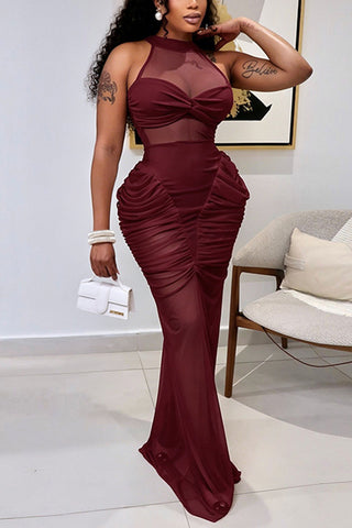 Sheer Bodice Ruched Mermaid Dress