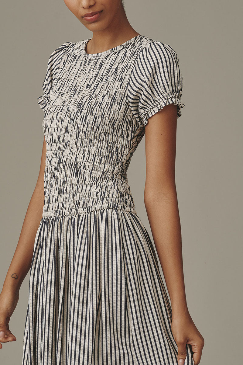 Smocked Puff Sleeve Striped Midi Dress