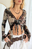 Sheer Floral Tie-Front Bell Sleeve Blouse