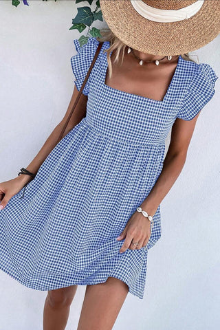 Gingham Flutter-Sleeve Casual Dress