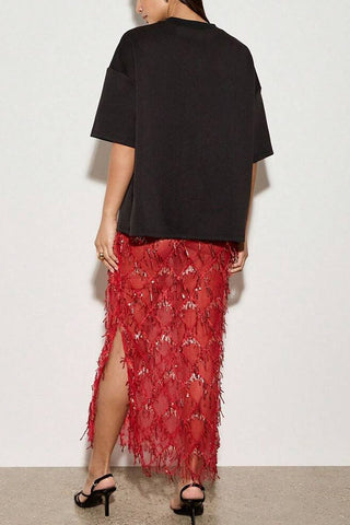 Sequin Beaded Sheer Midi Skirt