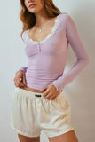 Lace Trim Ribbed Henley Long Sleeve Top