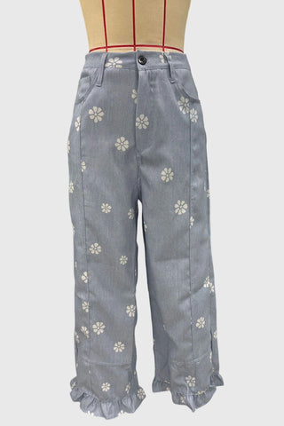 Daisy Print Ruffle Hem Wide Leg Pants