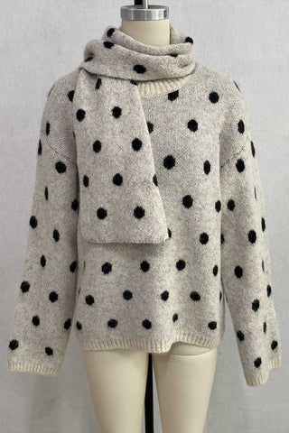 Polka Dot Knit Sweater with Scarf
