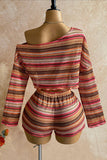 Off-Shoulder Striped Long Sleeve Short Set