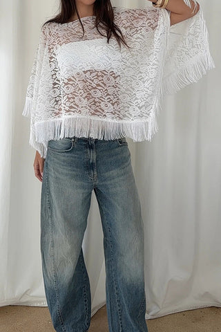 Sheer Floral Lace Fringe Poncho