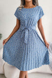 Belted Floral Pleated Casual Dress