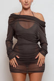 Sheer One-Shoulder Ruched Bodycon Dress