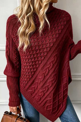 Mock Neck Cable Knit Asymmetrical Sweater
