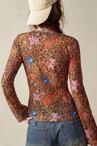 Floral Leopard Print Button-Front Blouse