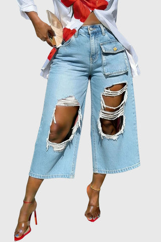 Distressed Wide-Leg Cargo Casual Pants