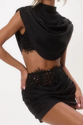 Cowl Neck Draped Crop Top Set