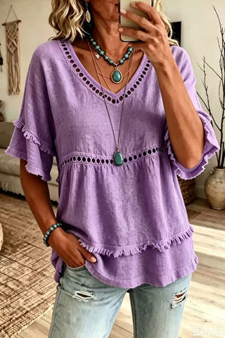 Hollow V-Neck Fringe Flutter Sleeve Top